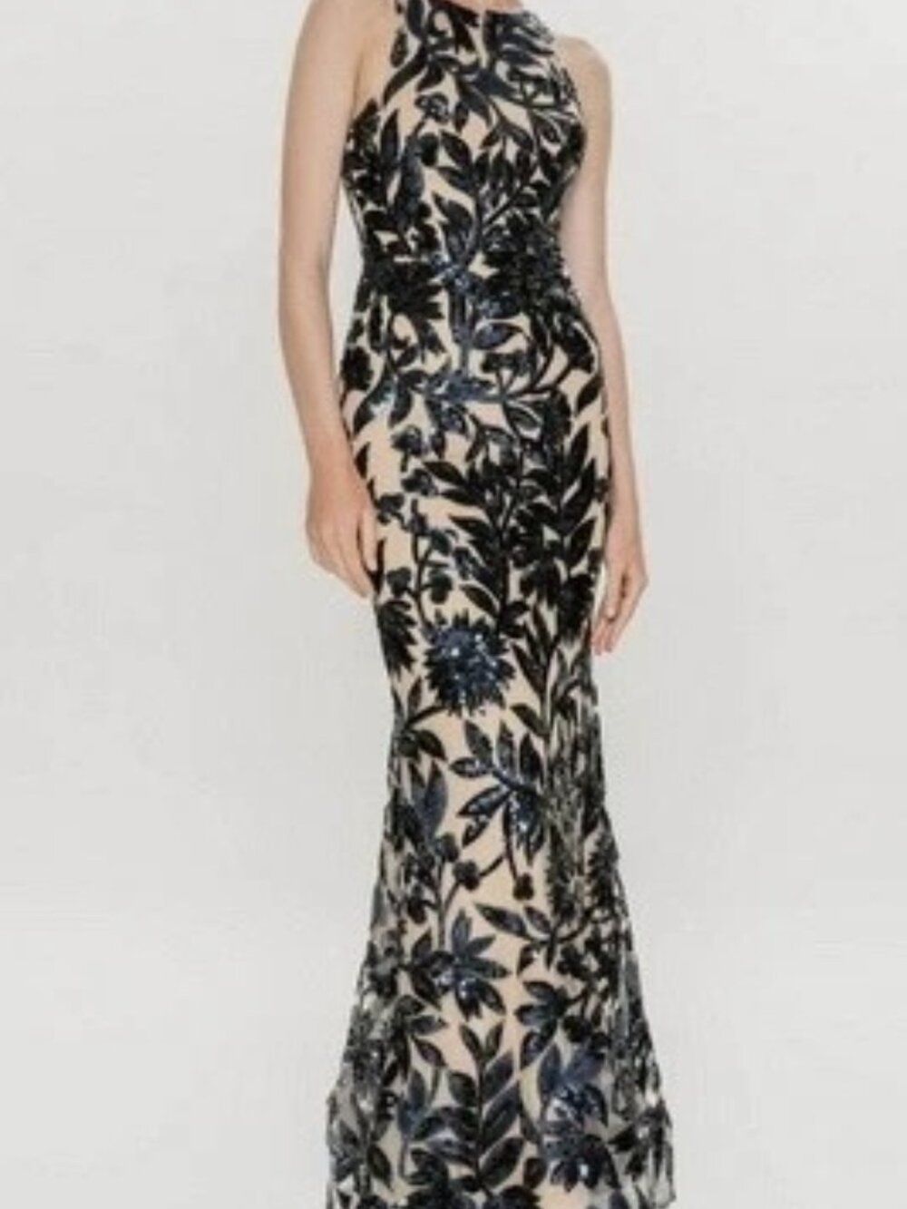 Hynes Park Navy Blue Nude Floral Sequin Halter Sheath Gown